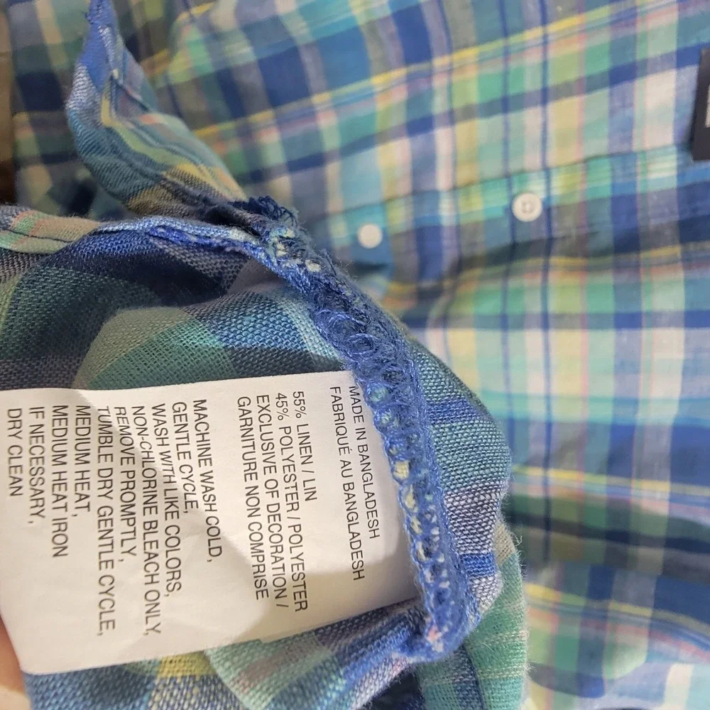 NEW Izod Mens 4XB Madras Woven Florida Key S/S Button Down Multi Plaid Linen Ble